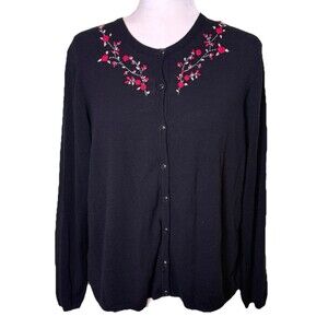 Josephine Chaus Black Floral Embroidered‎ Cardigan Grandma Chic Feminine Size XL